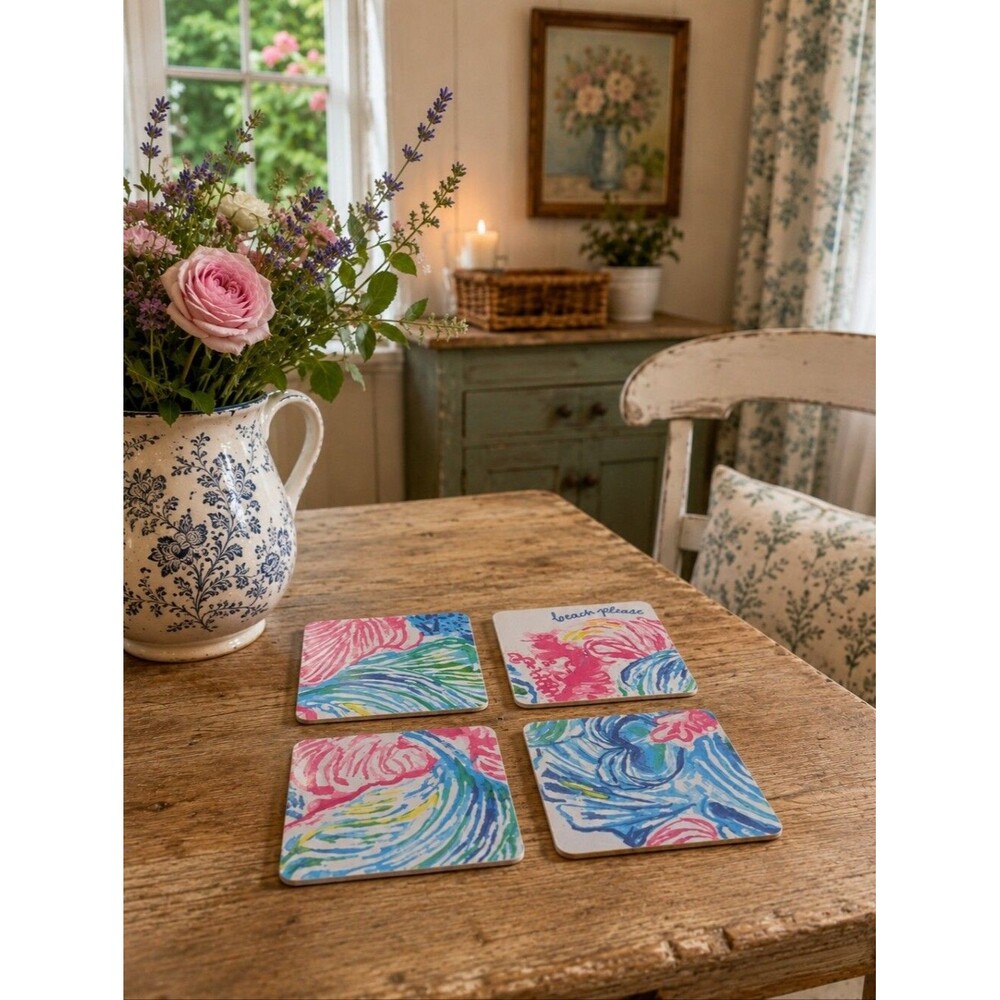 Set Of 4 Handmade Beachy Coastal Hostess Coasters Entertaining Southern Preppy